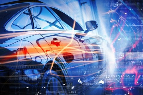Automotive surrounded by a futuristic display of numerical system of quality measurements