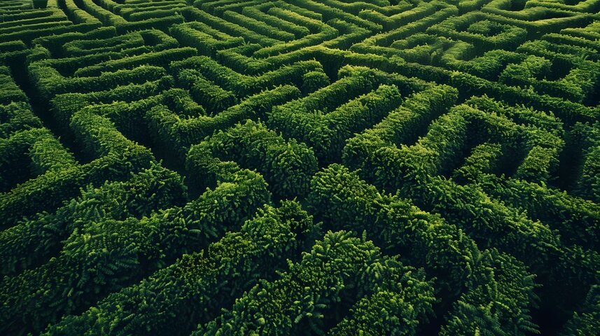 Aerial view of a green hedge maze with intricate pathways and lush foliage