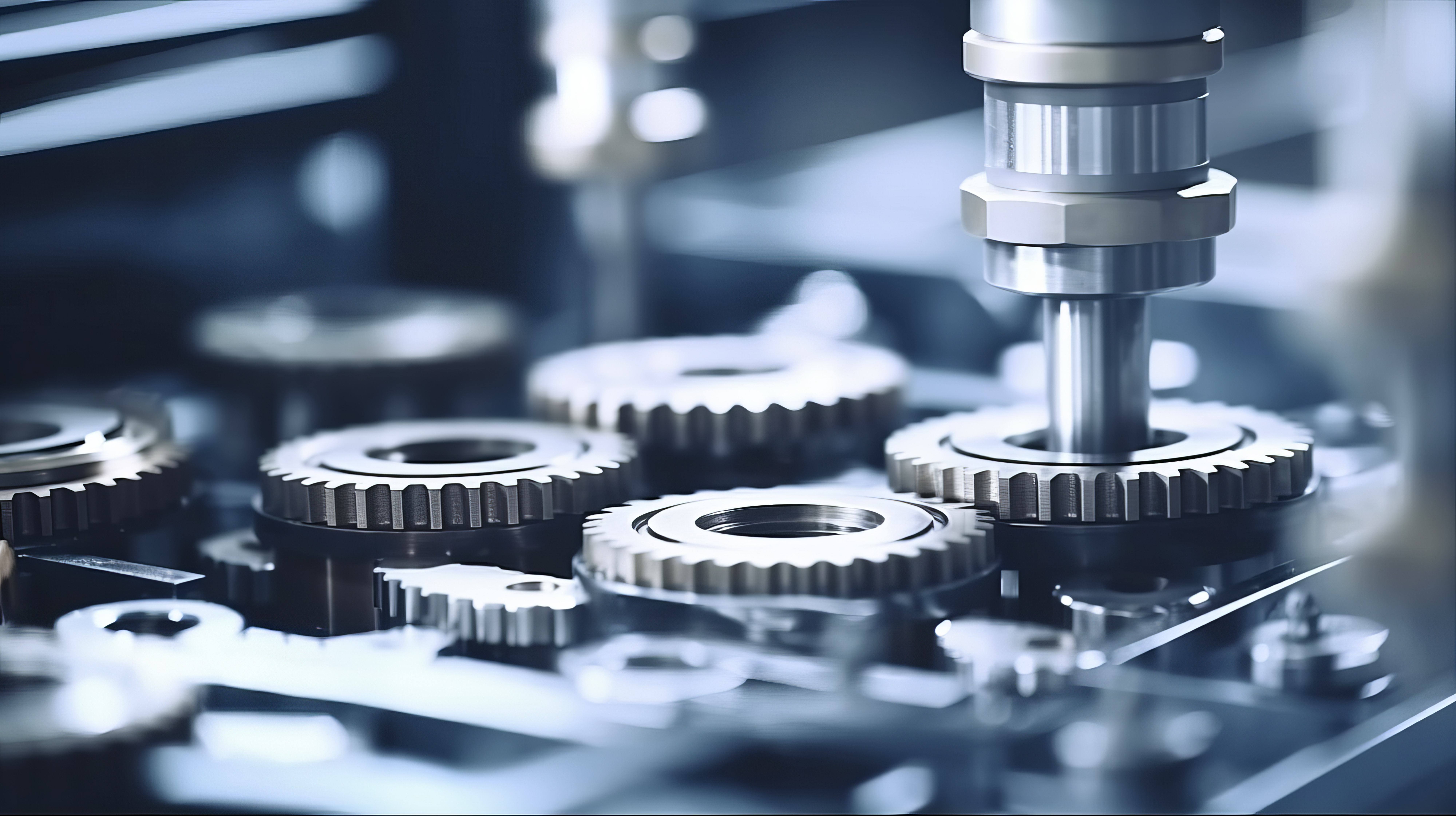 Industrial gear assembly line with metal gears being precisely aligned by robotic machinery in a manufacturing setting