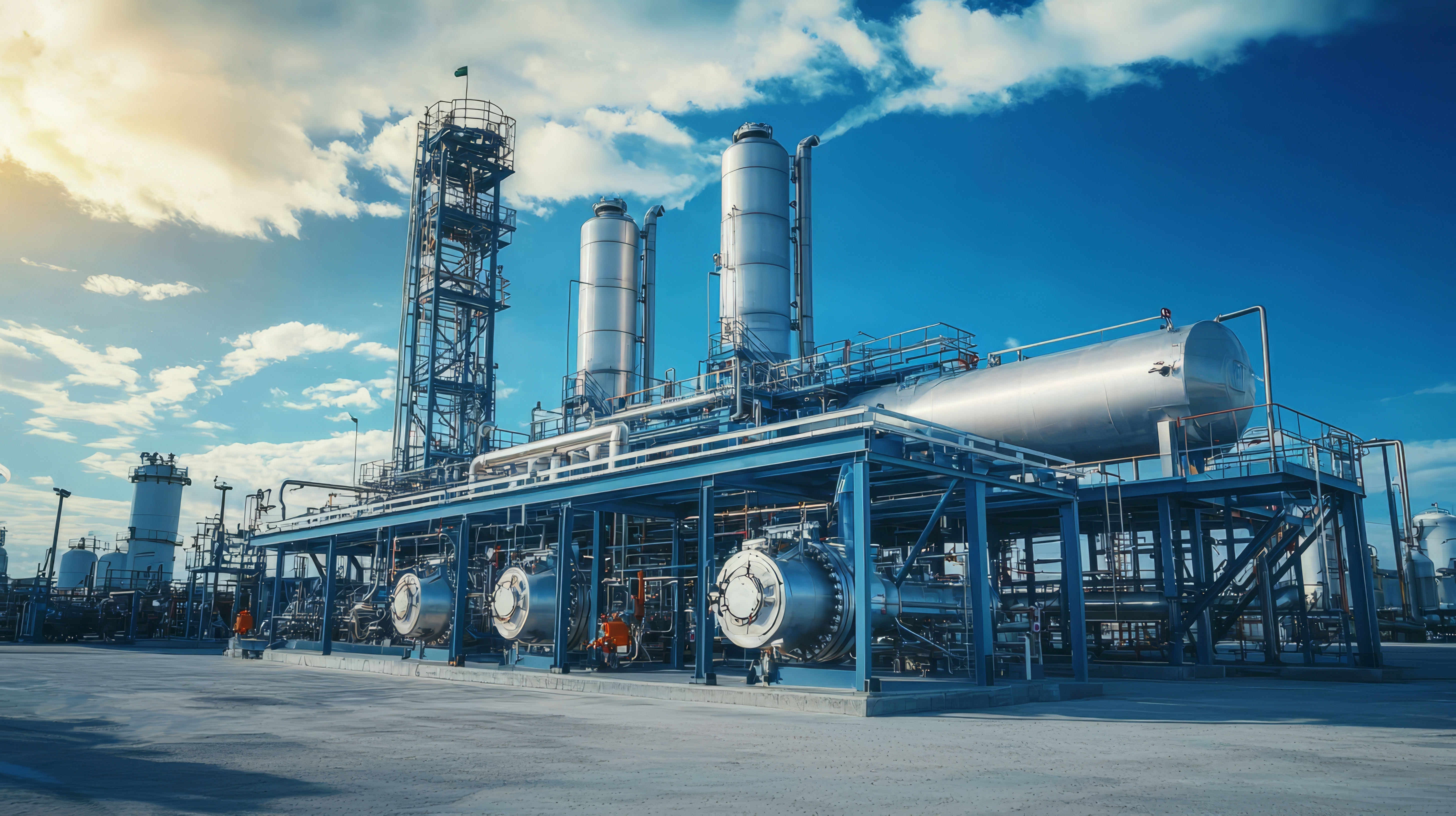 Industrial chemical plant against a blue sky, featuring large metal tanks and pipes, representing the manufacturing and processing industry.
