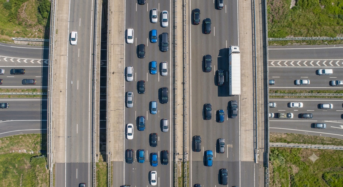 Luchtfoto van druk verkeer op een meerbaanssnelweg met auto’s en een vrachtwagen.