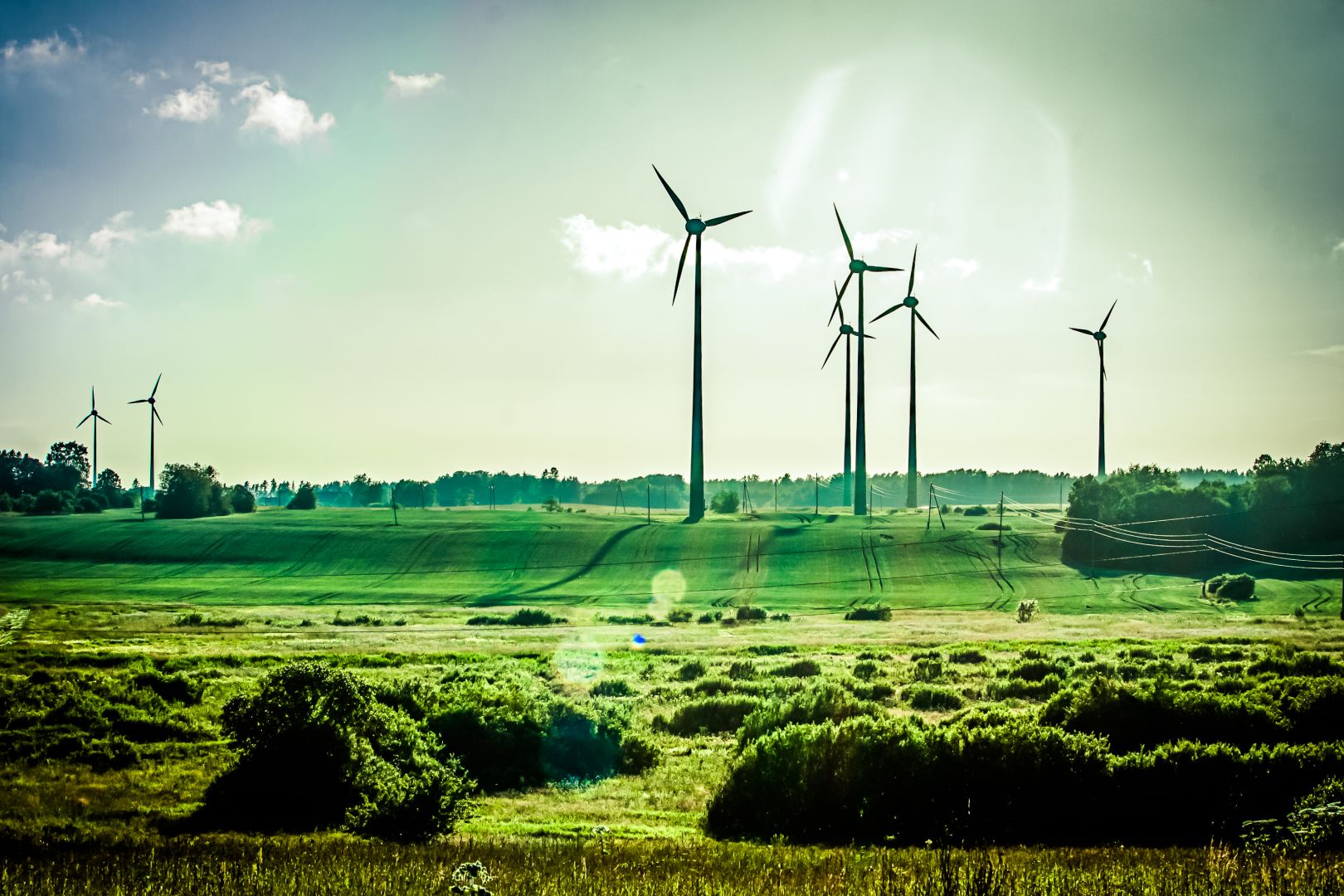 Wind turbines on a green rural landscape under a bright sky, showing renewable energy in a countryside field.