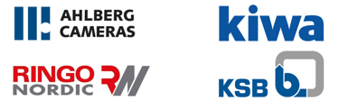 Logotyper för Ahlberg Cameras, Kiwa, Ringo Nordic och KSB på vit bakgrund.