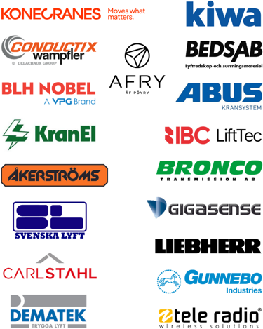 Collage med logotyper för Konecranes, Kiwa, Conduitx Wampfler, Bedsab, KranEl, BLH Nobel, IBC LiftTec, ABUS Kransystem, Åkerströms och Bronco Transmission AB.
