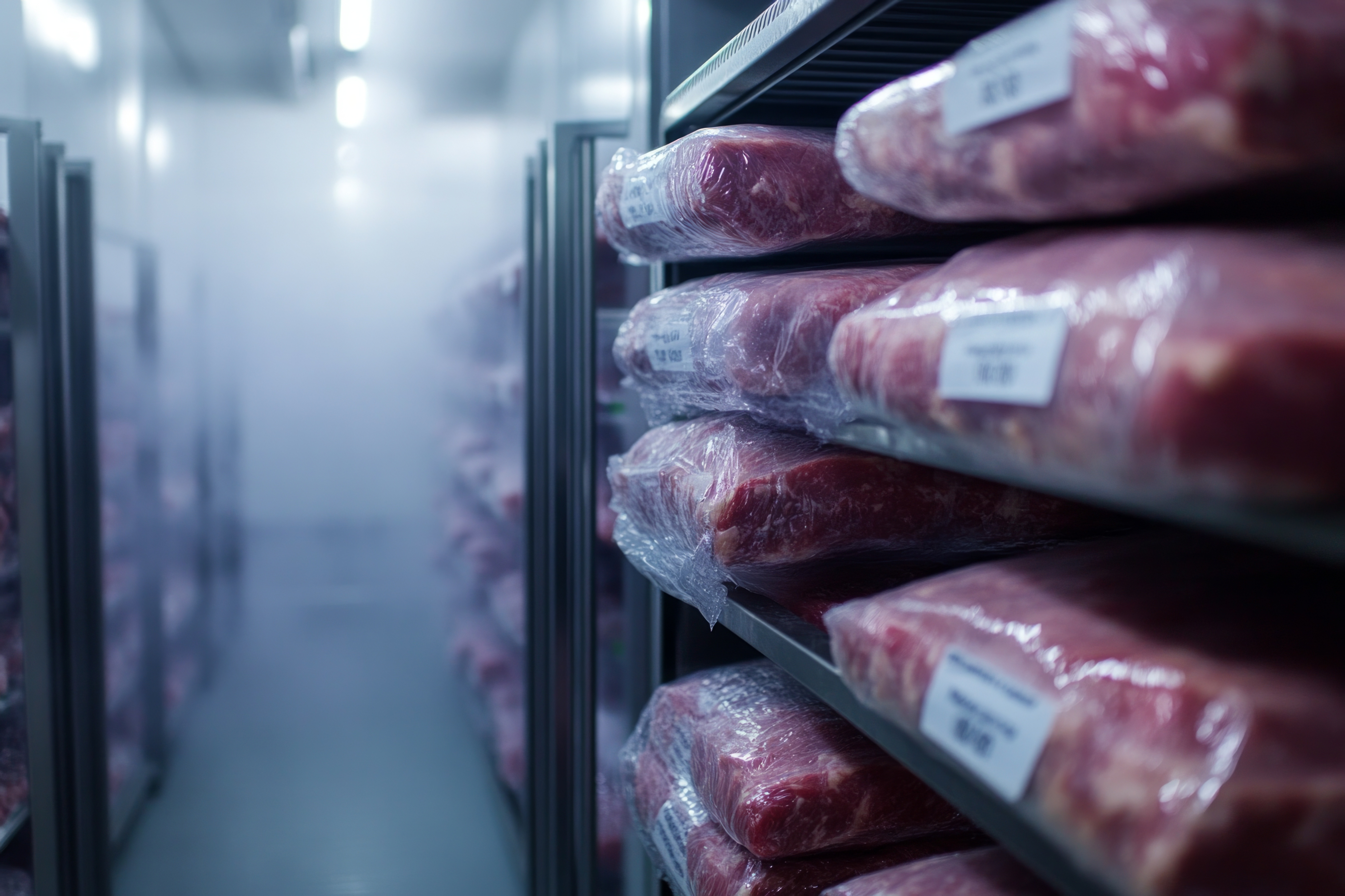 Stacks of vacuum-sealed raw meat stored on metal shelves in a cold storage freezer.