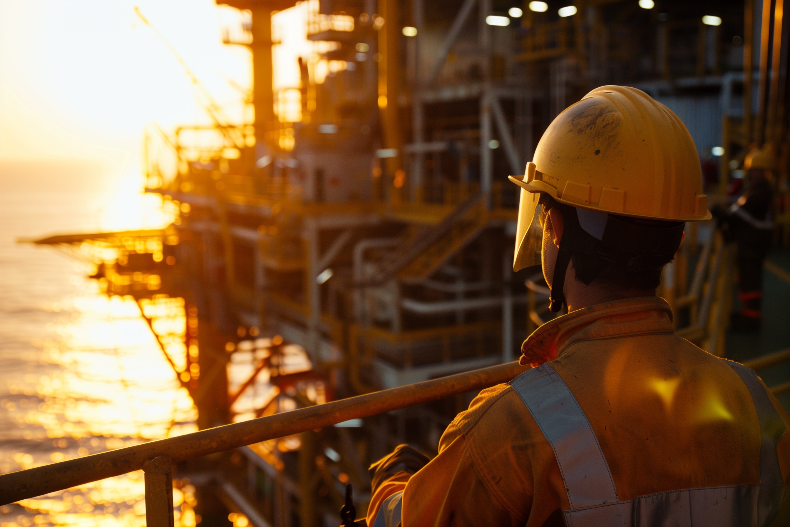 Back view of a Kiwa PPI employee in a yellow hard hat and reflective workwear overlooking an offshore platform at sunset.