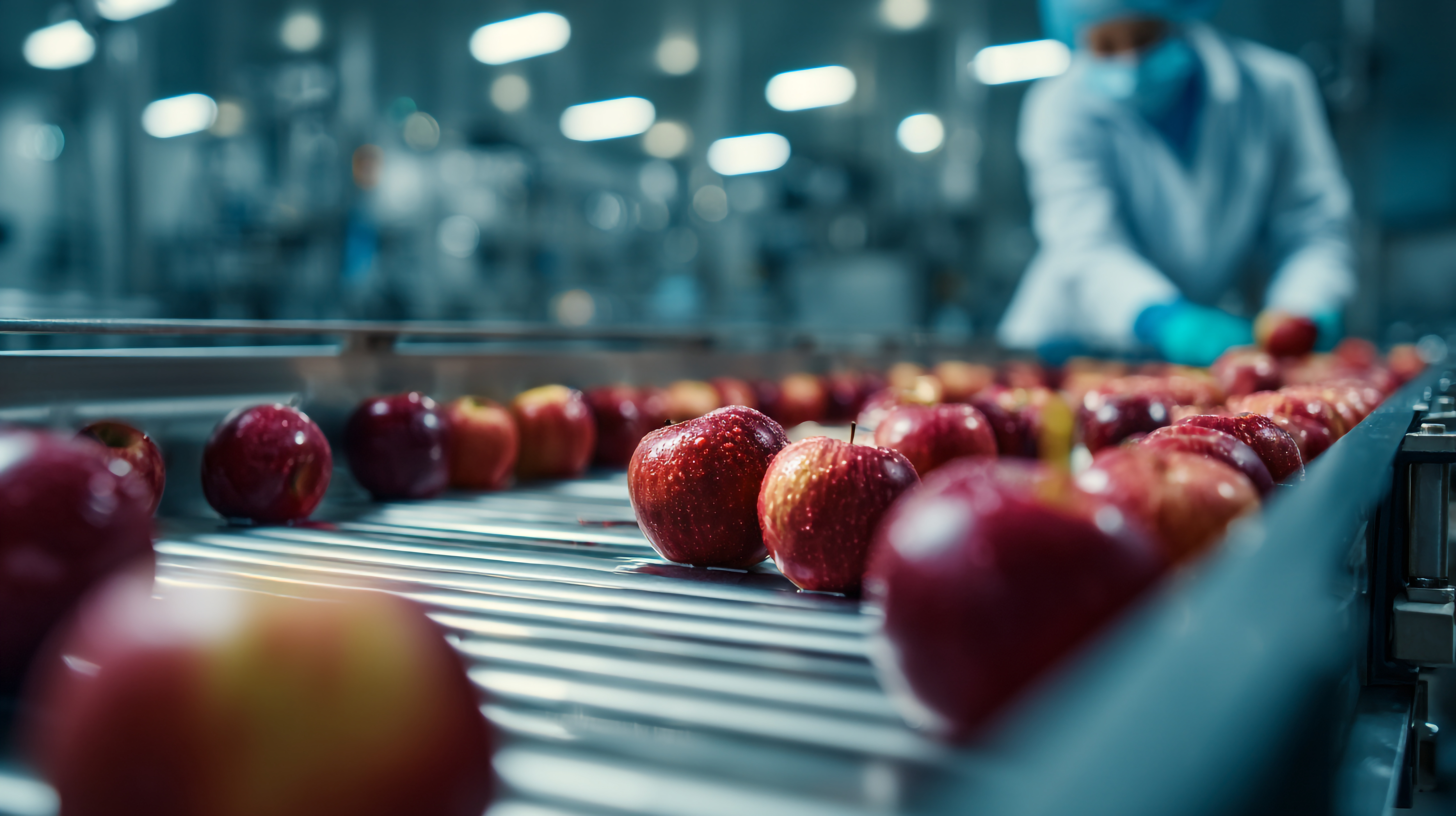 Red apples on a conveyor belt in a food processing facility, with a worker in protective gear sorting in the background.